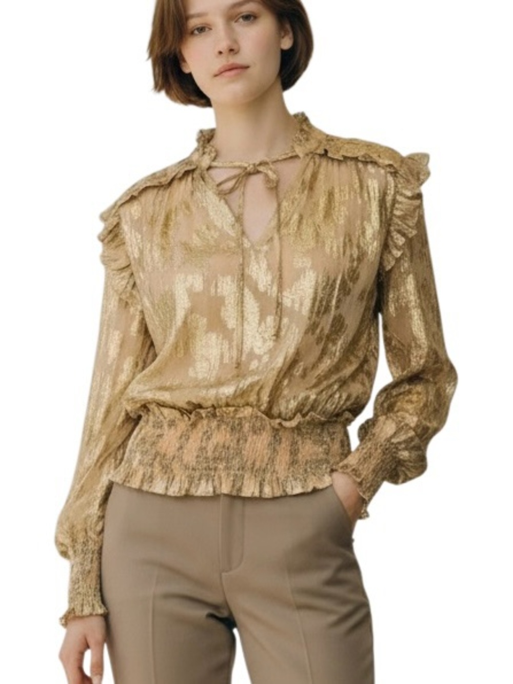 Elan Gold Metallic Top Ruffle Smock Blouse Evening Going Out Holiday Party SZ M
